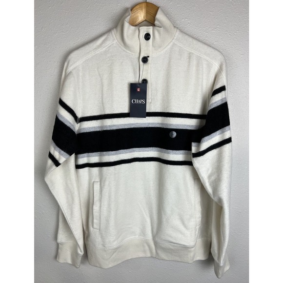 Chaps Men’s Medium Striped 1/4 Button Pullover Long Sleeve Sweater w/Pockets - Picture 1 of 9